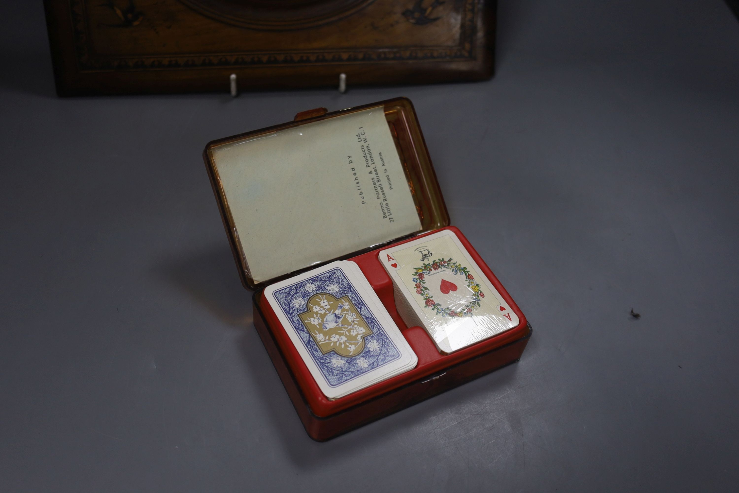 An olive wood blotter pad, 30cm two cased packs cards